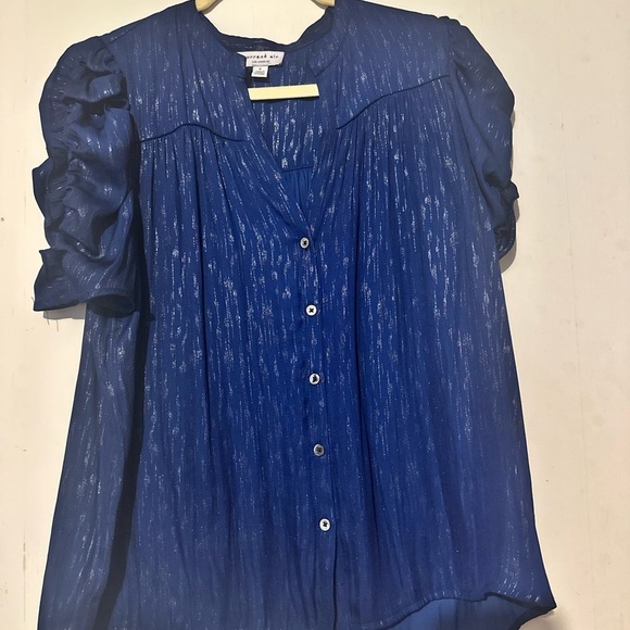 Current Air Tops - Current Air Blue Puff Sleeve Blouse with Mandarin Collar